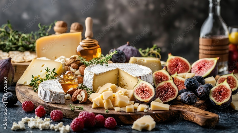 Cheese platter with a variety of artisan cheeses, honey, and nuts, elegantly served on a festive table with fresh figs and berries. A gourmet appetizer for special occasions.