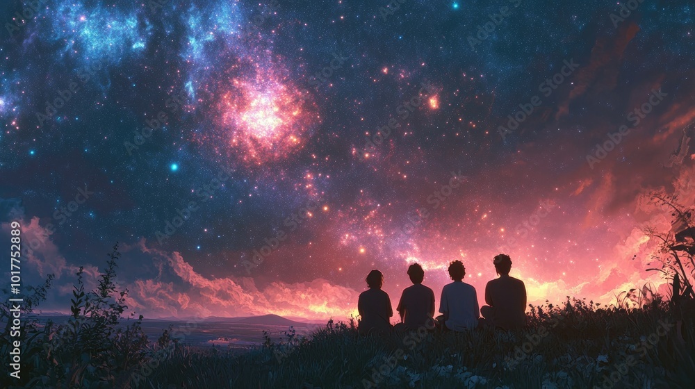 Fototapeta premium Group of friends sitting outdoors, watching a starry night sky with glowing stars and a vibrant galaxy.