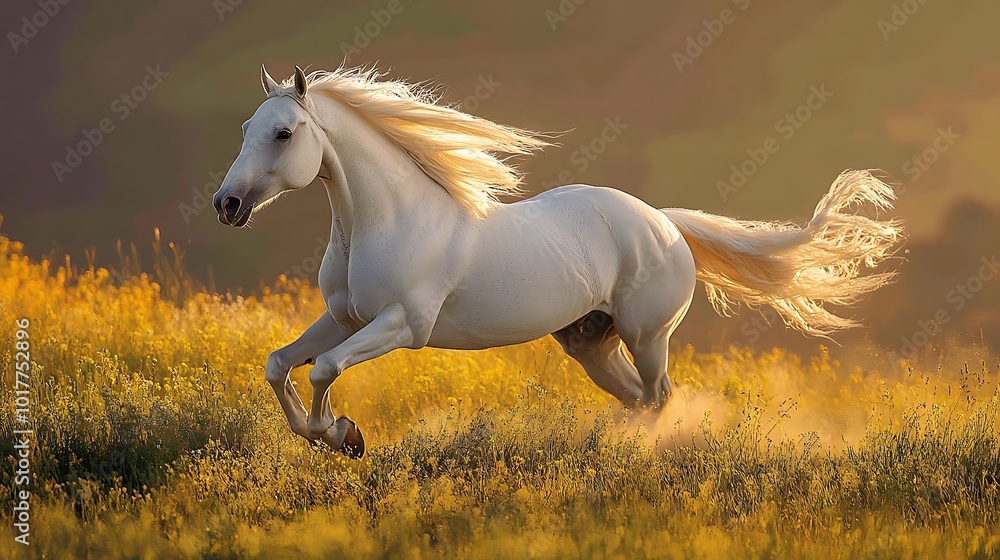White horse running through a field of yellow wildflowers with the sun shining behind it. White horse running through a field of yellow wildflowers with the sun shining behind it.