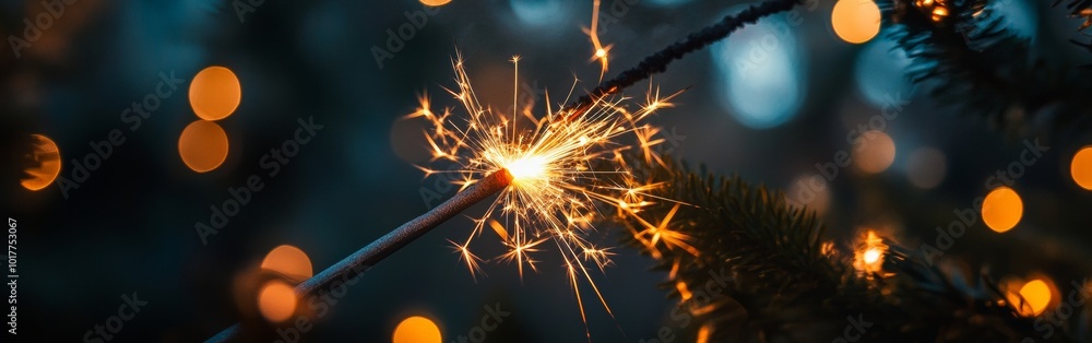 Sparkler lighting up a festive atmosphere during a celebration at twilight with colorful bokeh in the background. Wide web banner. Sparkler lighting up a festive atmosphere during a celebration at twilight with colorful bokeh in the background. Wide web banner.