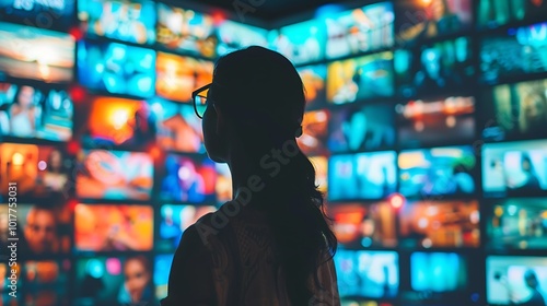 Wallpaper Mural Woman in silhouette stands in front of a wall of screens. The screens are lit up with colorful images, creating a feeling of overwhelming information. Torontodigital.ca