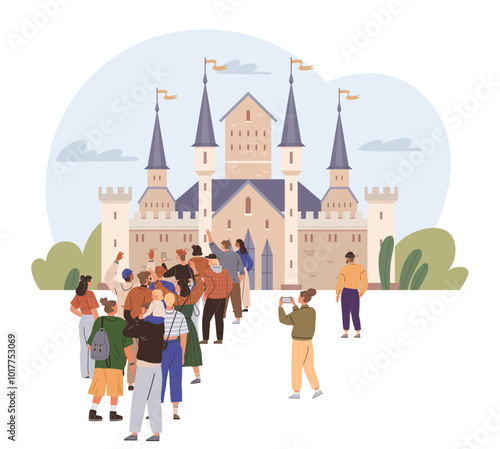 People standing in line to enter a large medieval castle with towers and flags. Ideal for travel content, historical themes, family outings, tourism guides, and educational materials. Flat design