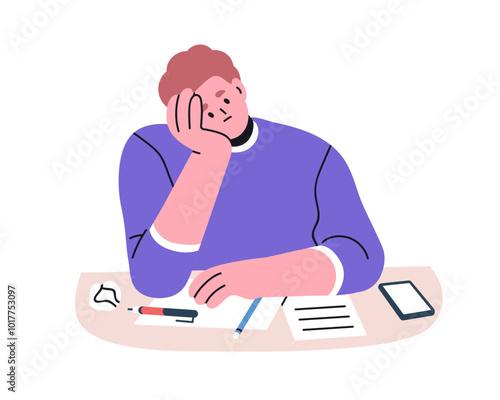 Bored tired student sitting at desk. Unmotivated lazy man with exhaustion, burnout, disinterest emotion. Apathy and procrastination concept. Flat vector illustration isolated on white background