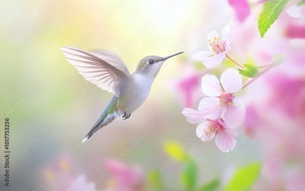 Fototapeta premium A delicate hummingbird hovers near pink flowers, showcasing the beauty of nature in a serene setting.