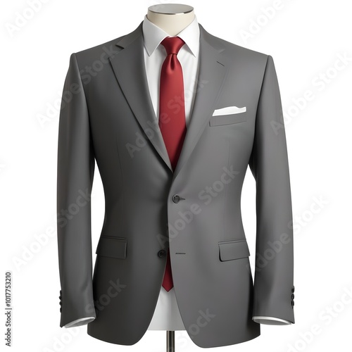 A gray suit jacket with a white shirt and red tie