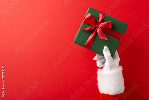 Close-up of Santa Claus hand holding a green gift with a red ribbon, symbolizing Christmas and festive cheer photo