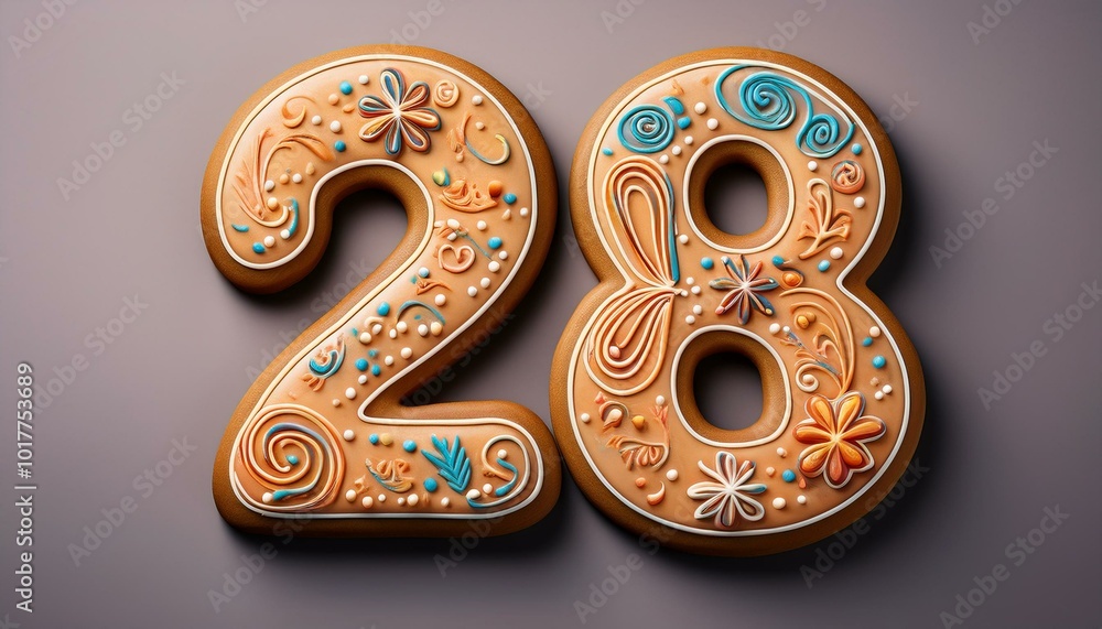 Decorated cookie, number 28, illustration for birthday or anniversary celebration Decorated cookie, number 28, illustration for birthday or anniversary celebration