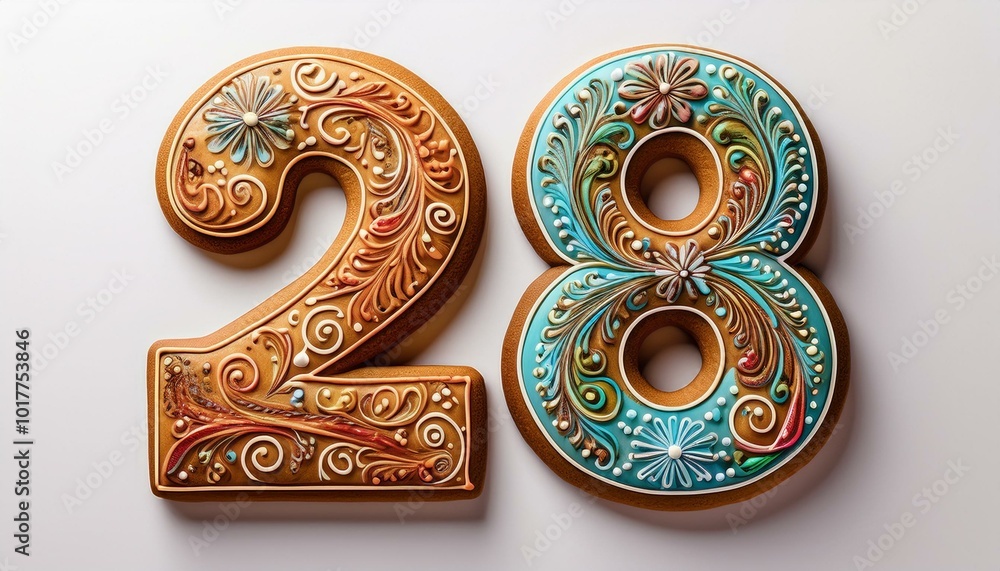 Decorated cookie, number 28, illustration for birthday or anniversary celebration Decorated cookie, number 28, illustration for birthday or anniversary celebration