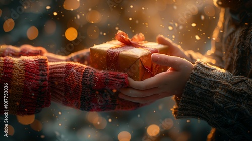 Winter Gift Exchange: Cozy Hands Passing a Wrapped Present in Snowfall - Made with Generative AI photo