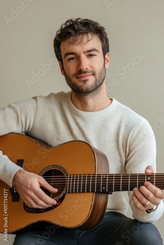 Smiling musician holding an acoustic guitar