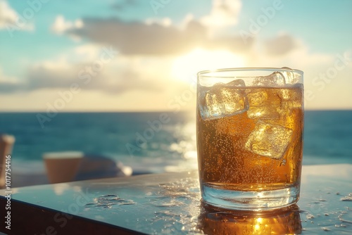 Zoomed-in view of a fizzy soda glass on a terrace table, ice cubes floating, with a vibrant summer sea sight behind, dappled sunlight creating a peaceful atmosphere