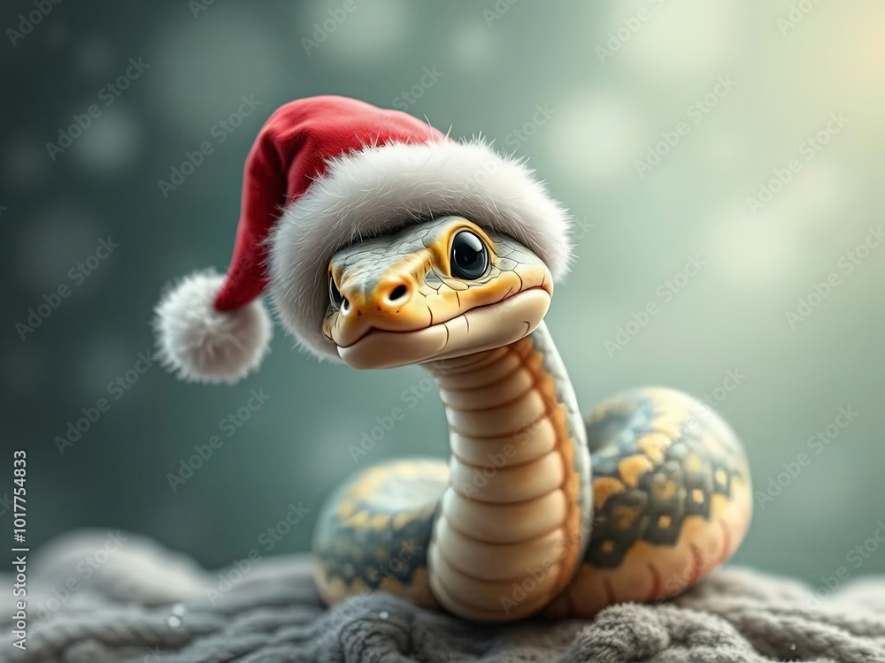 Snake Wearing a Santa Hat on a Snowy Background Snake Wearing a Santa Hat on a Snowy Background