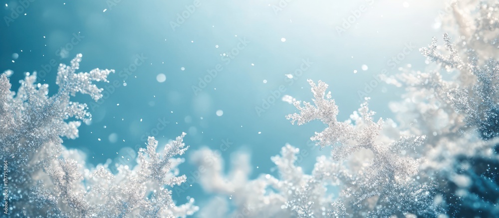 Close-up of delicate white snowflakes on branches against a soft blue winter sky. Close-up of delicate white snowflakes on branches against a soft blue winter sky.