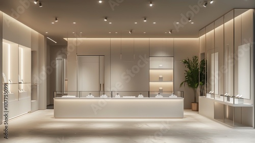 Chic and Sophisticated Modern Jewelry Store Interior with Glass Cases Soft Lighting and Security Desk