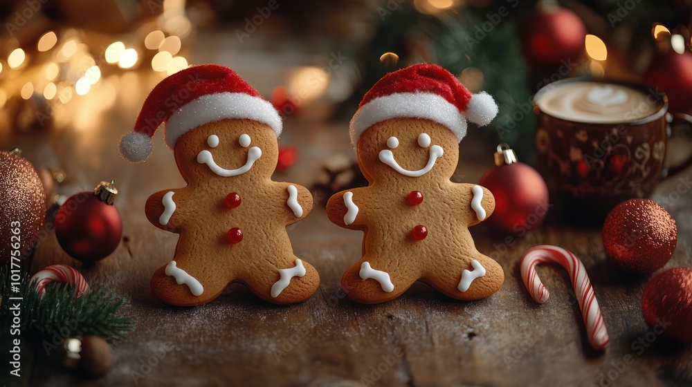Two gingerbread men wearing Santa hats, a cup of coffee, and Christmas ornaments on a wooden table. Two gingerbread men wearing Santa hats, a cup of coffee, and Christmas ornaments on a wooden table.