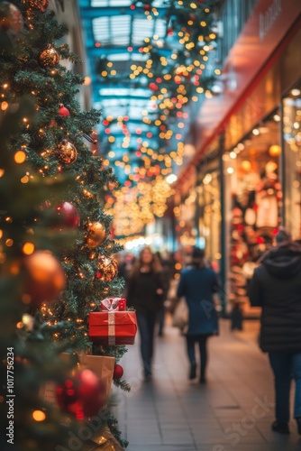 Holiday shoppers walk through a beautifully decorated marketplace adorned with vibrant lights and Christmas trees during the festive season