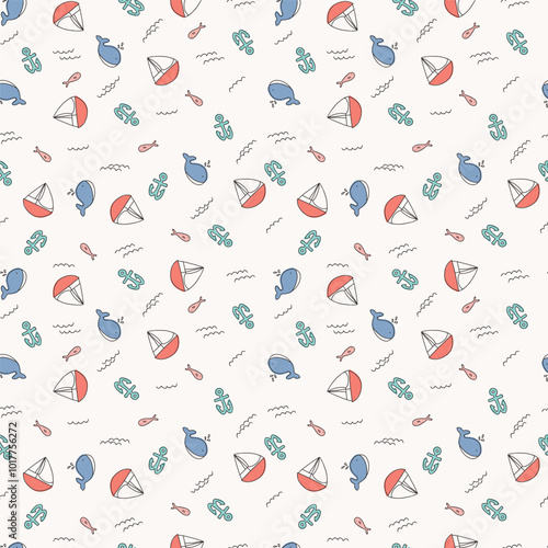 Seamless background with cartoon ships, life buoy and fish.