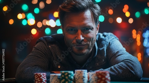 A man is sitting at a table with a pile of poker chips in front of him