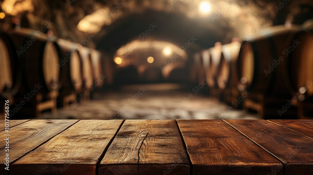 Empty wooden table top overlooking a blurred, atmospheric wine cellar filled with barrels. The smooth, soft lighting creates an inviting scene for a wine-themed setup. Empty wooden table top overlooking a blurred, atmospheric wine cellar filled with barrels. The smooth, soft lighting creates an inviting scene for a wine-themed setup.