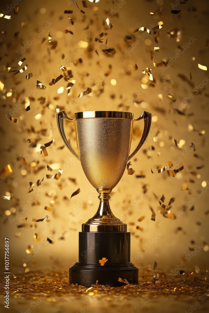 Winner's Golden Trophy with Floating Confetti Winner's Golden Trophy with Floating Confetti