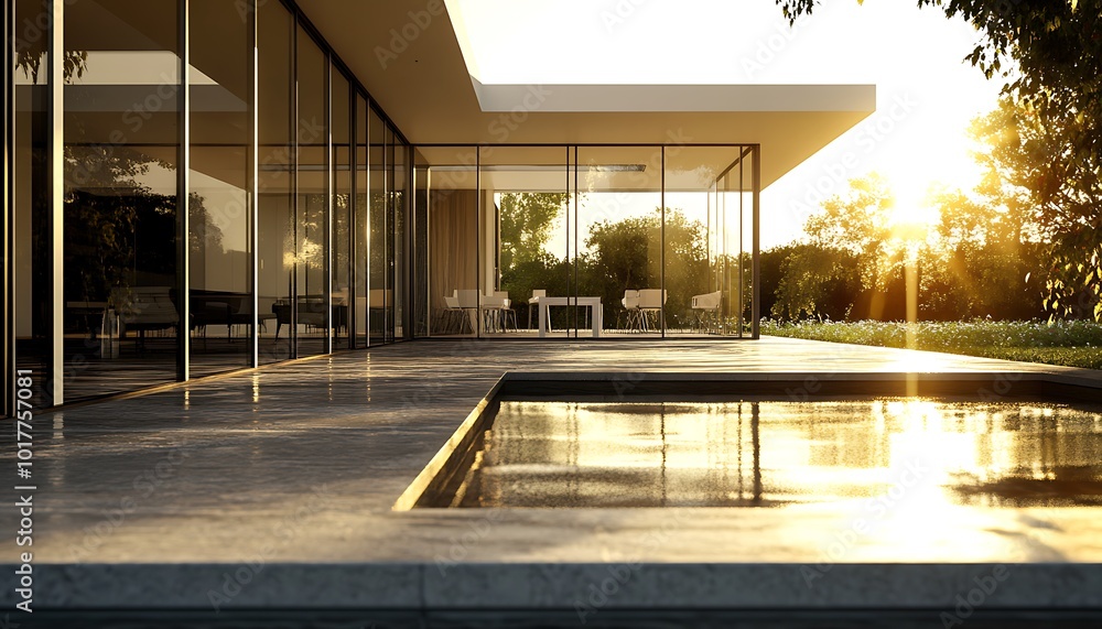 Fototapeta premium Modern Architecture with a Pool and Sunset