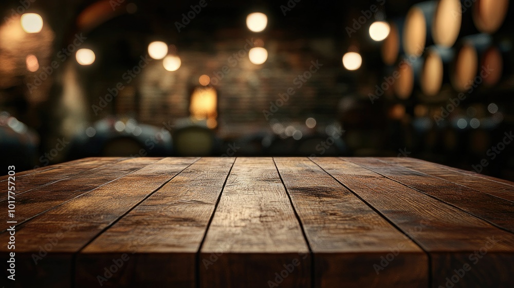 Empty wooden table top with a super blur of wine barrels in a wine cellar in the background, creating a warm, intimate ambiance perfect for showcasing products or wine glasses. Empty wooden table top with a super blur of wine barrels in a wine cellar in the background, creating a warm, intimate ambiance perfect for showcasing products or wine glasses.