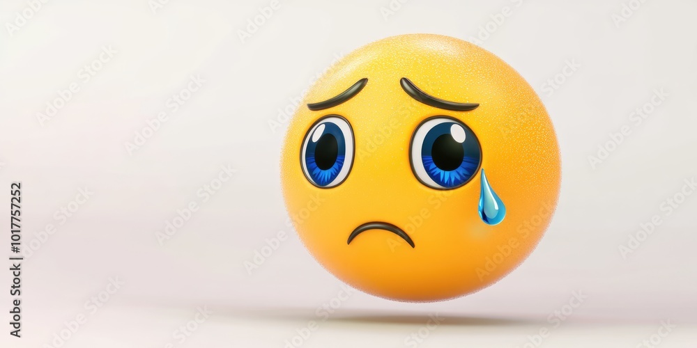 A sorrowful yellow emoji with big blue eyes and a tear, floating gently against a soft light background expressing emotional vulnerability