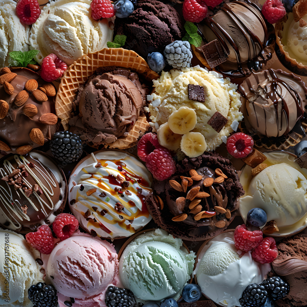 Variety of Delectable Ice Desserts: From Scoops of Ice Cream, Artisanal Gelato Cones to Fruity Popsicles Variety of Delectable Ice Desserts: From Scoops of Ice Cream, Artisanal Gelato Cones to Fruity Popsicles