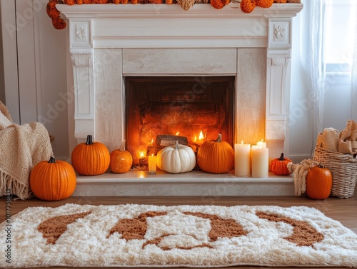 Autumn themed fireplace decorations with pumpkins and soft rug photo