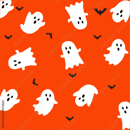 "Spooky Halloween design featuring a white ghost and black bats against a vibrant orange background. This playful and eerie illustration is perfect for seasonal wallpapers, party invites.