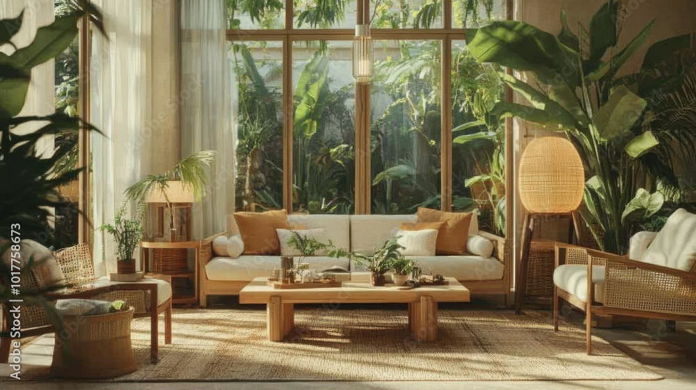 Fototapeta premium Parisian biophilia bungalow with botanical decor, light wood accents, and an overall relaxed, comforting vibe.
