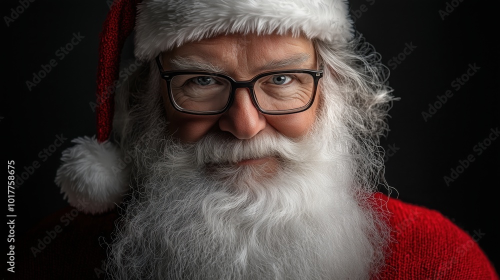 Obraz premium Santa Claus with glasses and a white beard, looking at the camera against a black background.