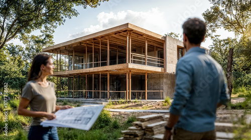 un couple regarde les plans de la maison qu'ils sont en train de bâtir en arrière-plan