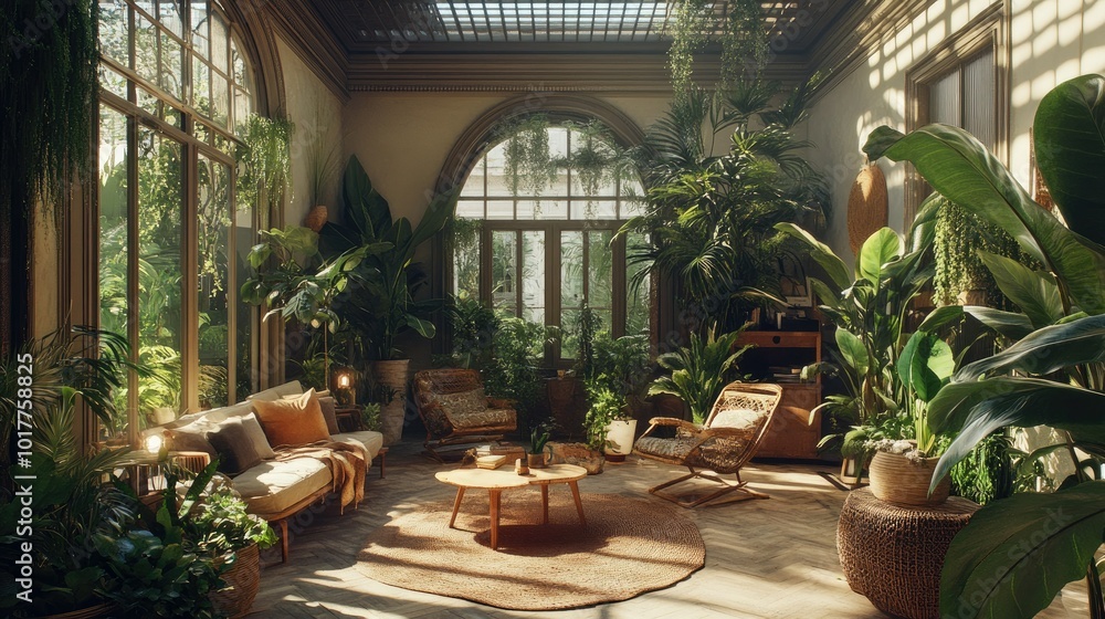 Parisian-inspired biophilic bungalow with potted plants, comfortable seating, and airy, light-filled spaces. Parisian-inspired biophilic bungalow with potted plants, comfortable seating, and airy, light-filled spaces.