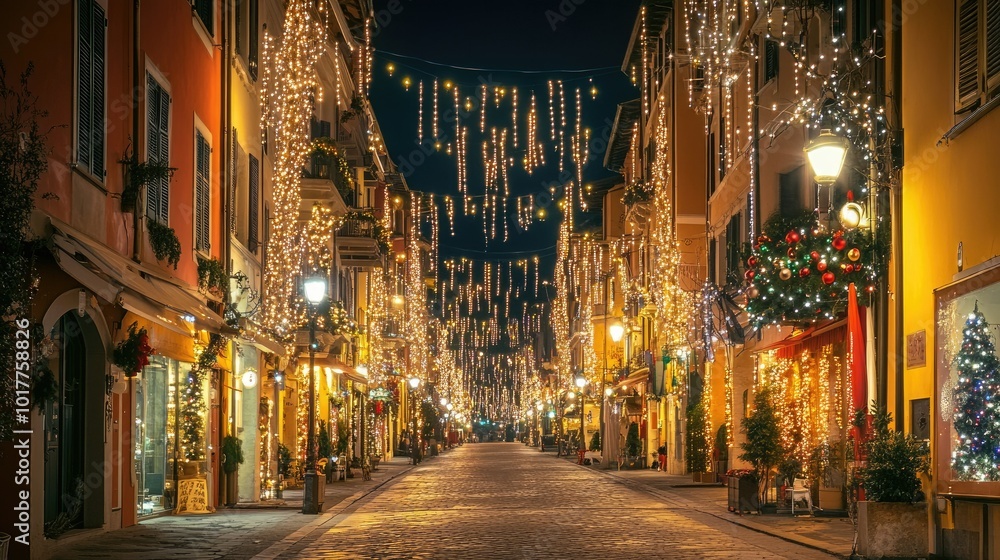 Fototapeta premium Festive lights illuminating the streets of Riva del Garda during Christmas season, the town glowing with holiday spirit against a clear night sky.