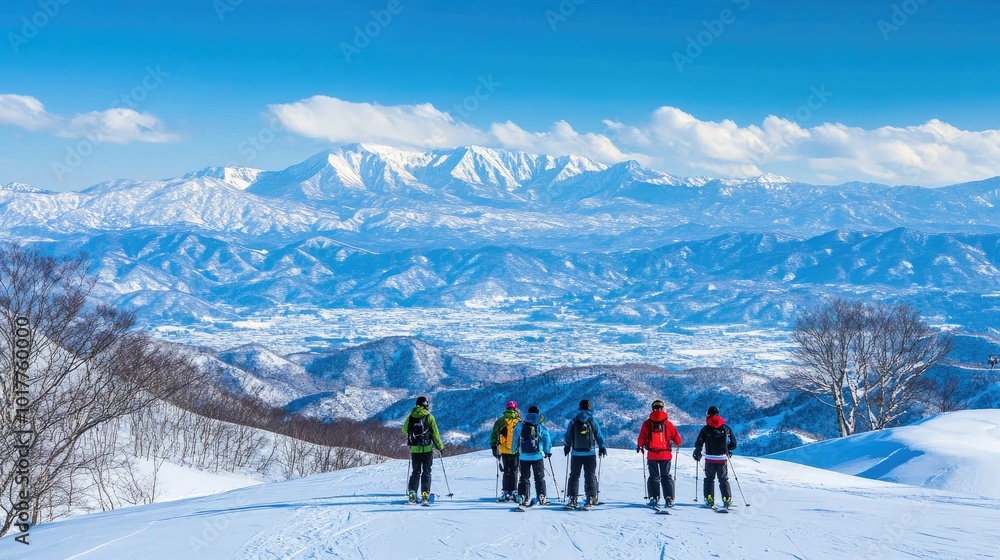 Group of snowboarders admire the majestic view of Daisetsuzan and Tokachidake from the snowy slopes of Furano, a sunny day highlighting the mountains' beauty. Group of snowboarders admire the majestic view of Daisetsuzan and Tokachidake from the snowy slopes of Furano, a sunny day highlighting the mountains' beauty.