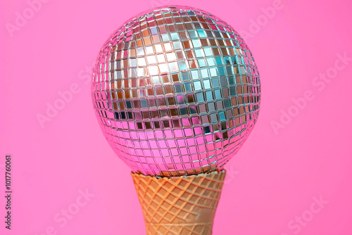 Ice cream cone with disco ball. Summer creative minimal concept, fast food, party, sweet meal and diet. Party decorations and dancing in nightclub theme. Ice cream discoball