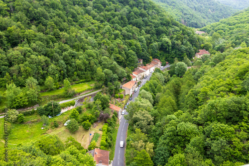 View of the valley under the footbridge to the village of Hautpoul near Mazamet. Tarn. Occitanie. France.