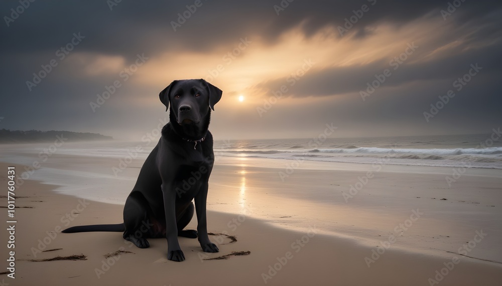 A labrador retriever dog sitting on a sandy beach at sunset, with the ocean and cloudy sky in the background A labrador retriever dog sitting on a sandy beach at sunset, with the ocean and cloudy sky in the background