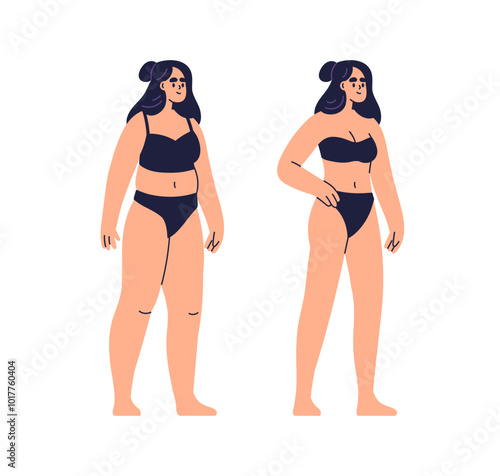 Weight loss transformation, before and after. Woman body comparison, changing from fat to fit slim figure. Physical improvement, progress. Flat vector illustration isolated on white background