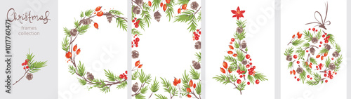Christmas borders, holiday backgrounds. Collection of Greeting card  with fir branches, berries and cones.