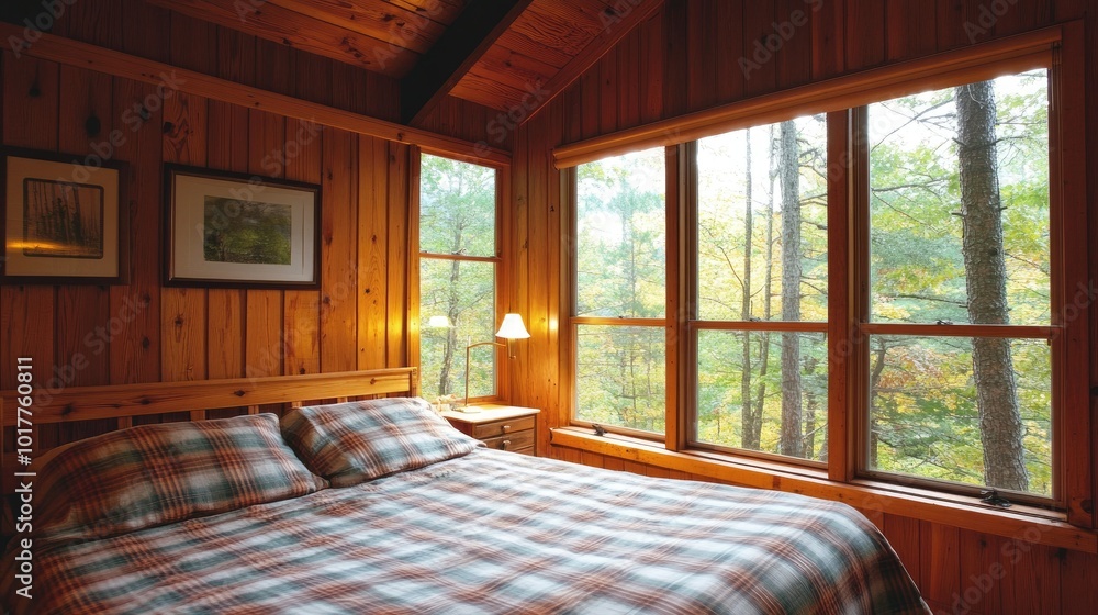 Obraz premium Quaint bedroom in a forest cabin, featuring wood-paneled walls, a plaid comforter, and large windows showcasing nature.