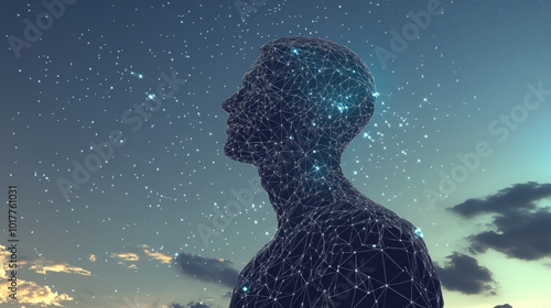 A simple, low-detail outline of a man is shown against a starry sky background. The image uses points, lines, and shapes to create a star-like pattern.low poly wireframe.