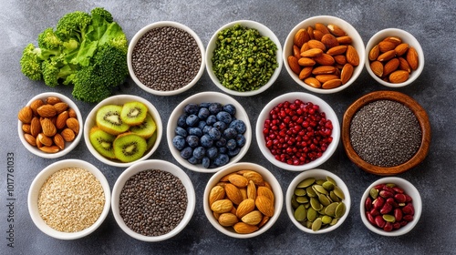 A vibrant array of fresh ingredients including nuts, seeds, and fruits displayed in bowls for healthy meal preparation.