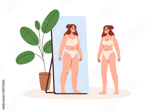 Dysmorphia, psychology disorder, self-perception problem concept. Woman looking at mirror reflection, worrying about weight, seeing fat figure. Flat vector illustration isolated on white background photo