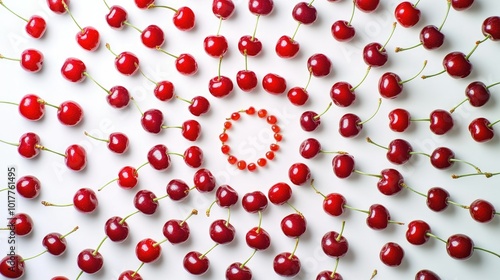 Red cherries with stems arranged in spiral pattern on white background, symmetry and detail.