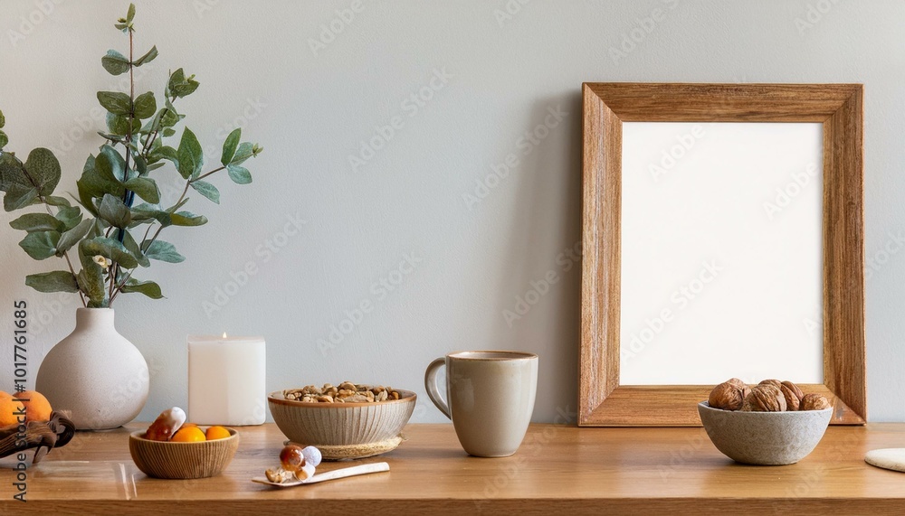 Stylish scandinavian dining room interior with mock up poster frame, wooden table, furniture, cup of coffee, plant , cement fruits, nuts and elegant accessories. Template. Modern home decor. Stylish scandinavian dining room interior with mock up poster frame, wooden table, furniture, cup of coffee, plant , cement fruits, nuts and elegant accessories. Template. Modern home decor.