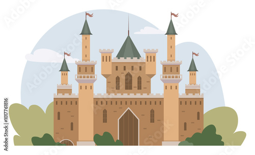 A large medieval-style castle with multiple towers topped with flags, surrounded by green foliage and a serene sky backdrop. Ideal for fairy tales, history, architecture, children s stories, fantasy