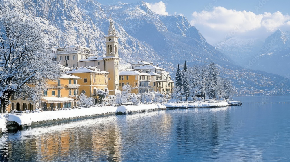 Riva del Garda in the winter, the town and lake shrouded in snow, with the surrounding mountains and trees adding to the tranquil atmosphere Riva del Garda in the winter, the town and lake shrouded in snow, with the surrounding mountains and trees adding to the tranquil atmosphere