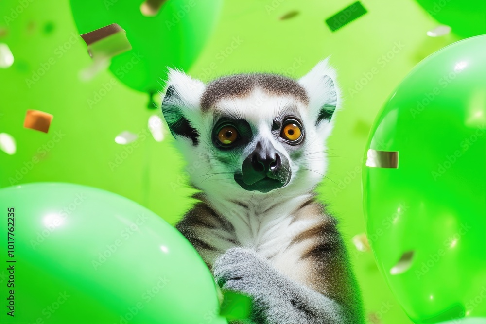 Obraz premium Green Matte Balloons and Lemur in Sunshine Confetti Party